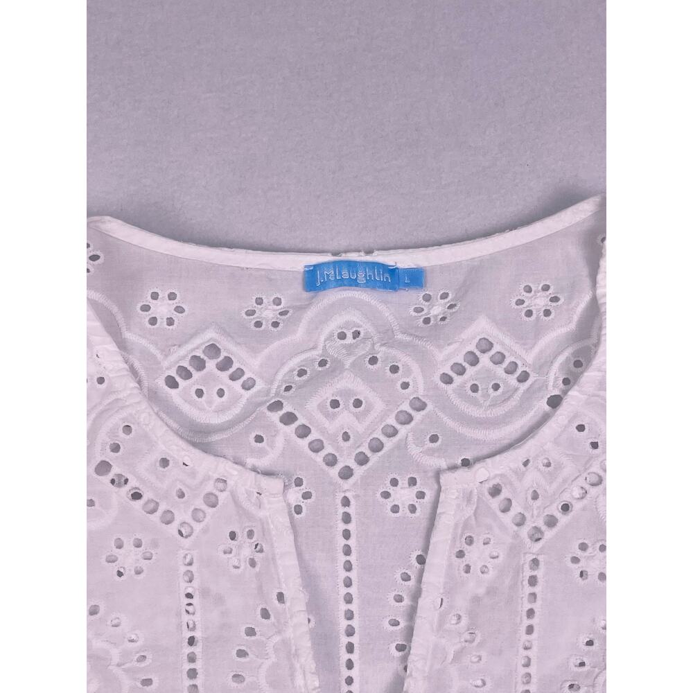 J. McLaughlin Jonie White Eyelet Cotton Blouse Split Neck Puff Sleeve Size L - Picture 5 of 10